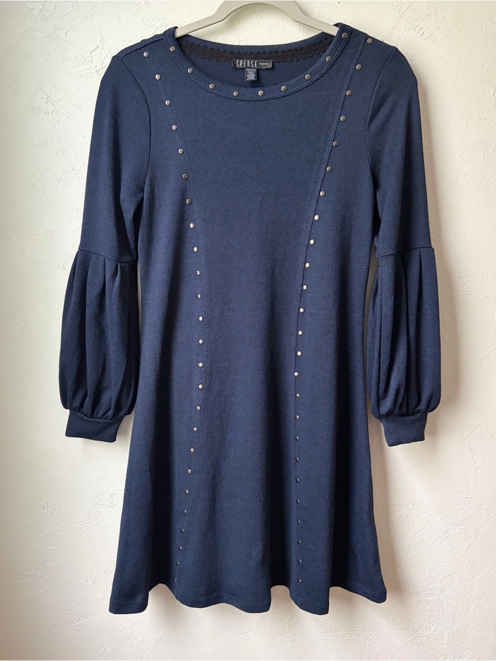 Spense Navy Studded Puff Sleeve Swing Dress Petite PS - Picture 3 of 7